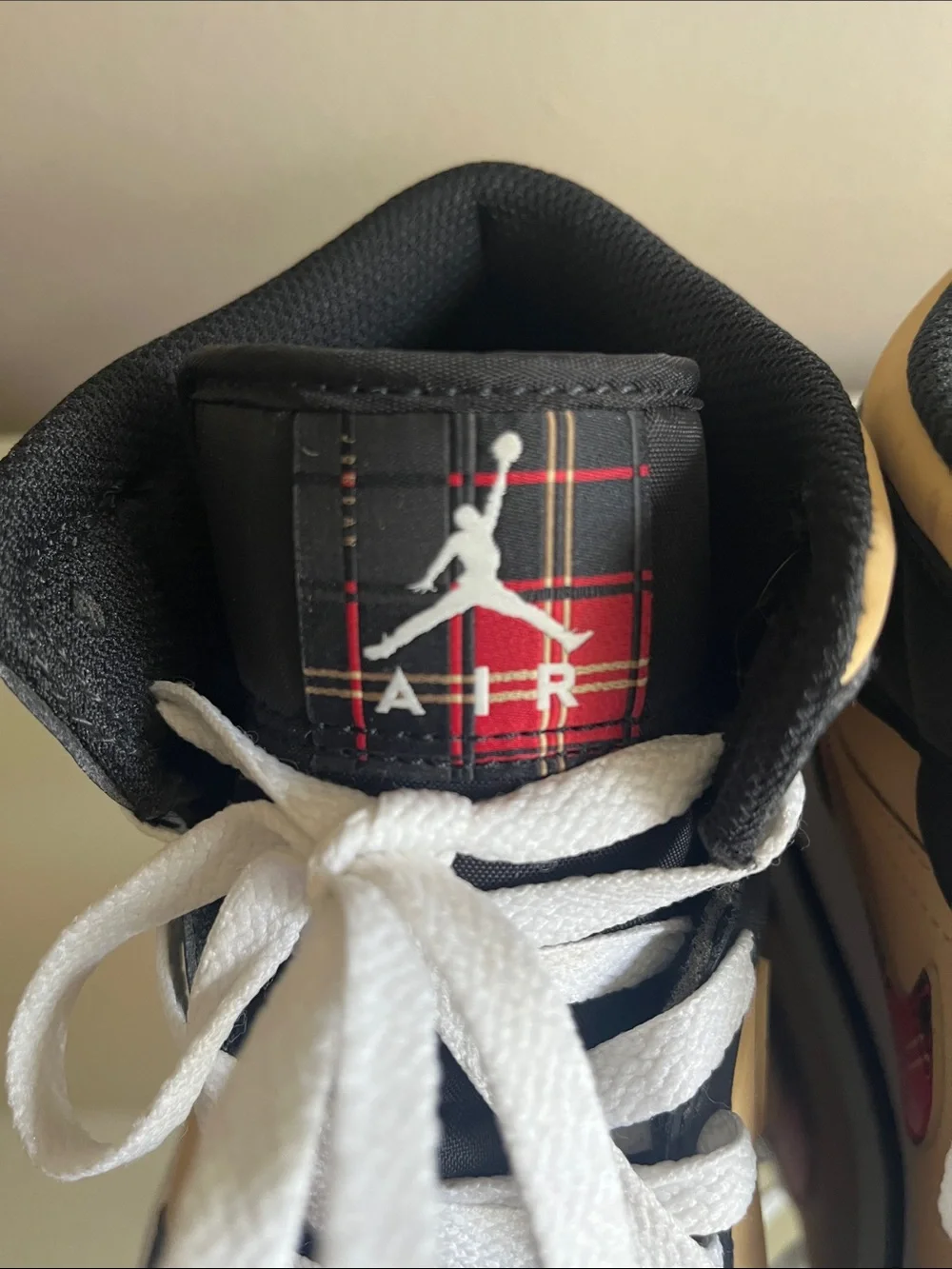 Air Jordan 1 Mid SE Tartan Swoosh tan/red tennis shoes men’s size 8/womens 9.5